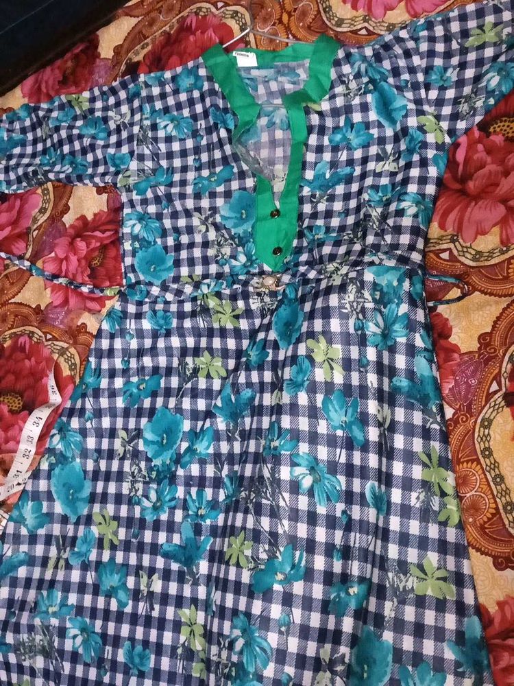 Blue &amp; Green Floral Checkered Kurta