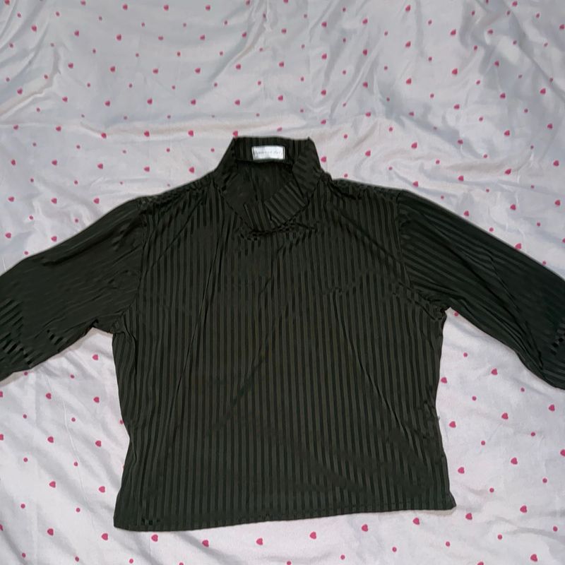 Green Striped Mock Neck Top