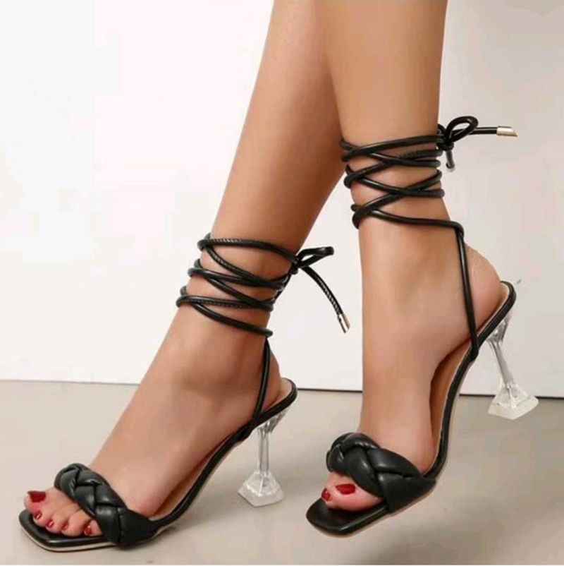 Black Lace-Up Heeled Sandals