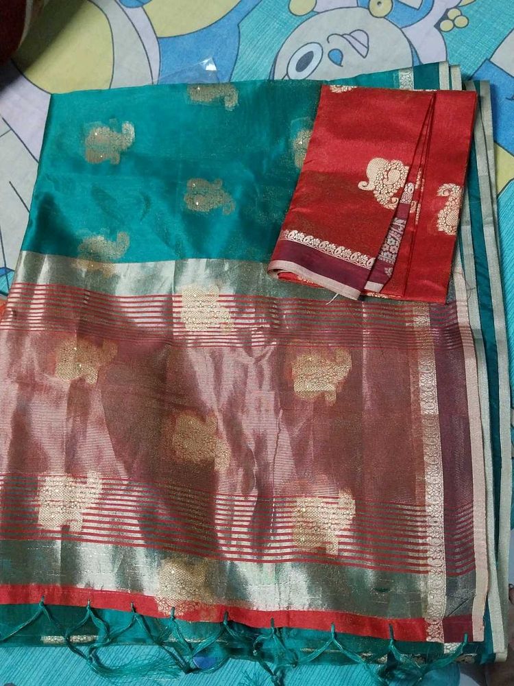 New Beautiful Teal Saree with Elephant Motifs