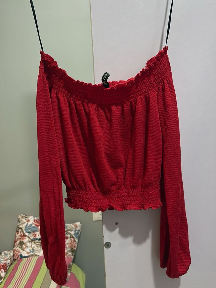 Red Off-Shoulder Smocked Crop Top