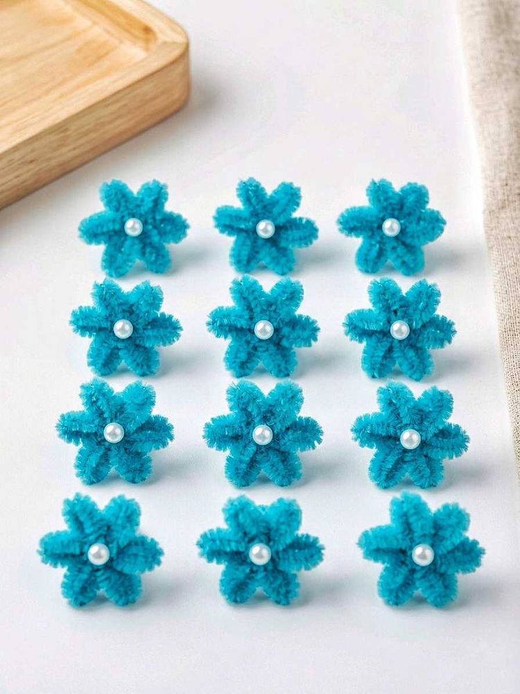 12 Pcs Teal Pipe Cleaner Flower Embellishments