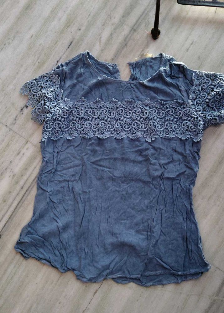 Blue Lace Trim Short Sleeve Top