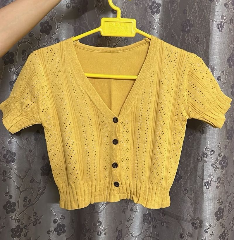 Yellow Button-Up Cropped Cardigan