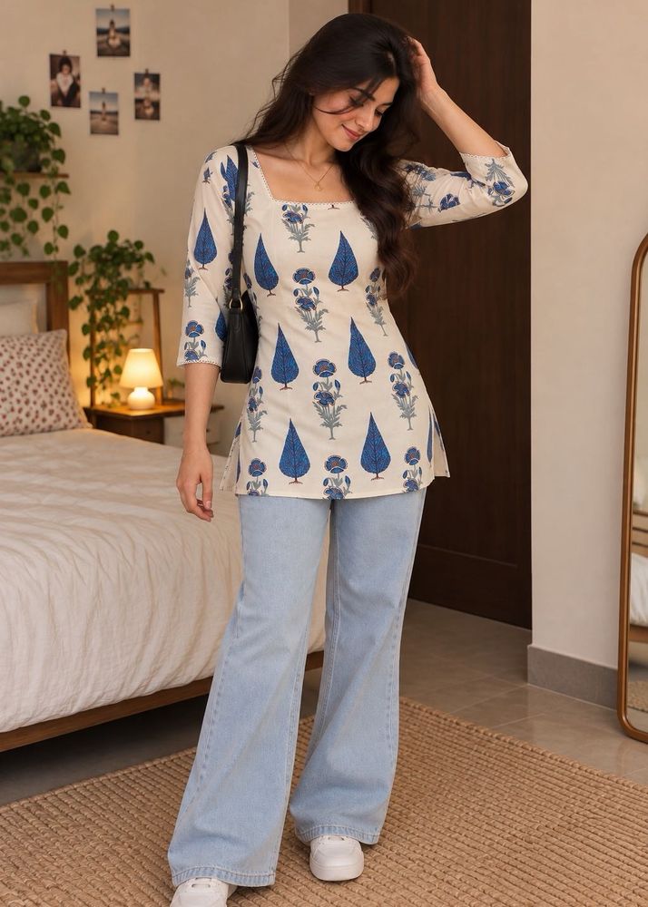 Cream Printed Short Kurti