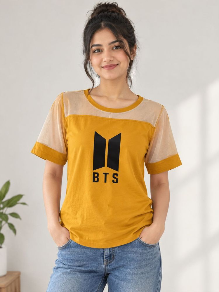 Mustard Yellow BTS Printed Sheer Crop Top – Size M
