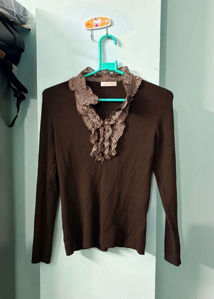 Brown Ruffle Neck Long Sleeve Top