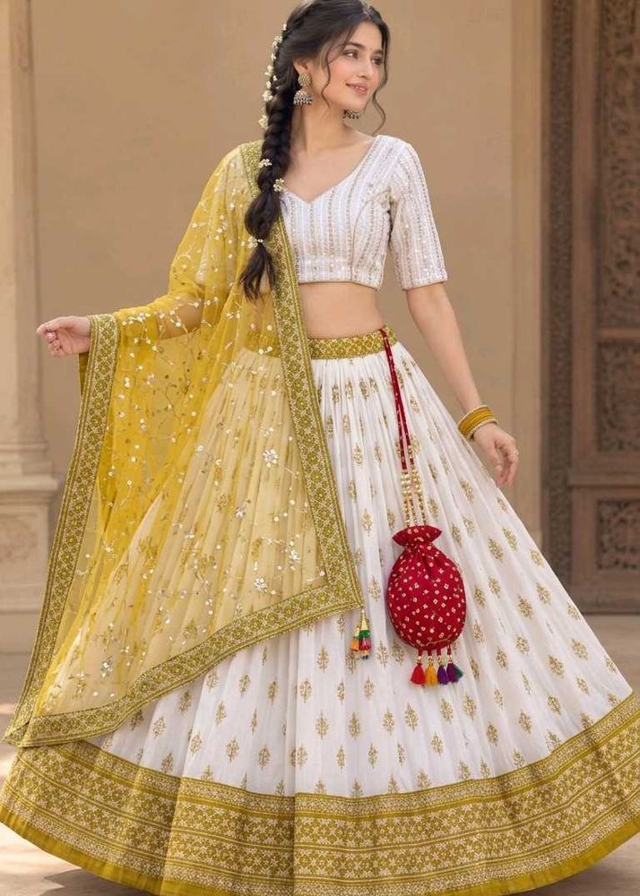 Elegant White &amp; Gold Lehenga Set