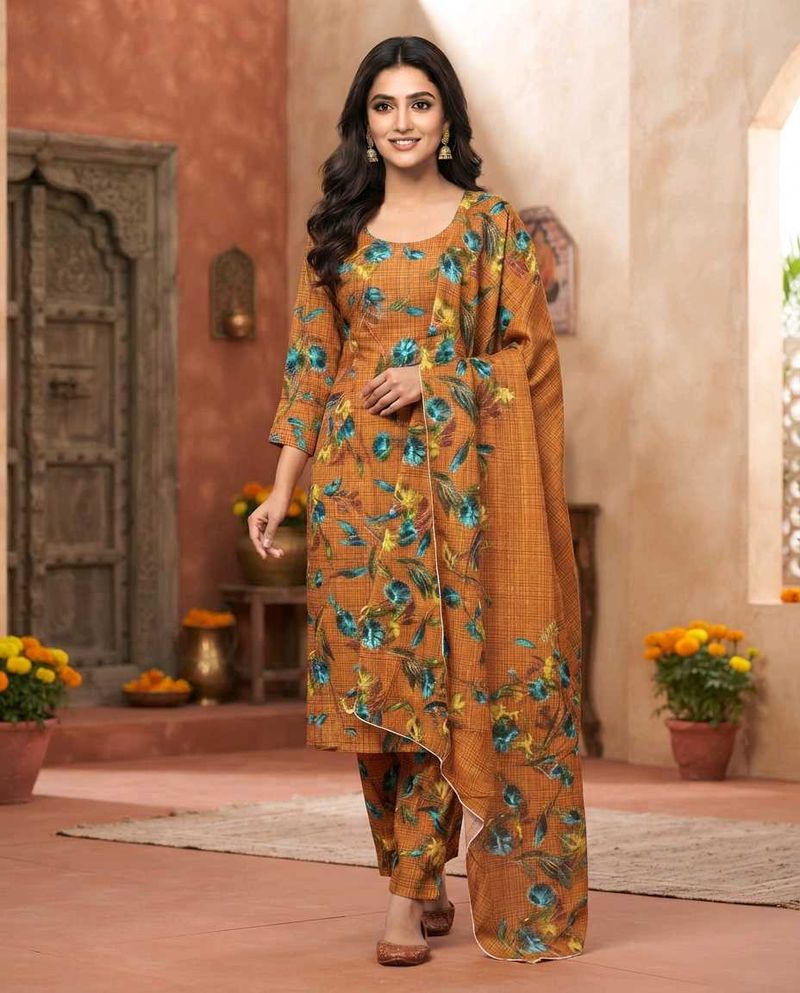 Stylish Orange Floral Kurta Set with Dupatta