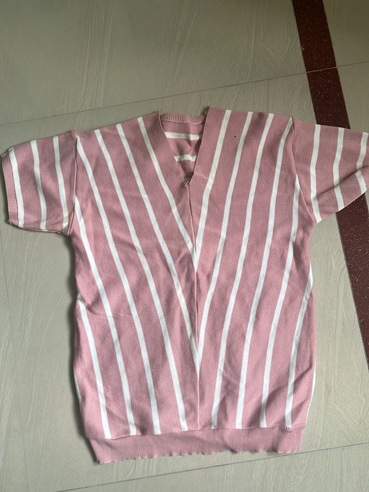 Pink &amp; White Striped V-Neck Top