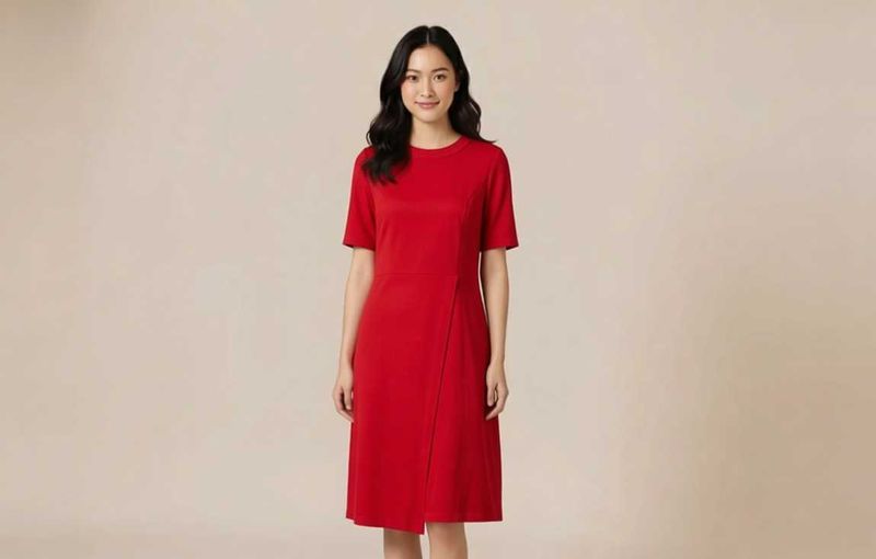 Red Short Sleeve Midi Dress