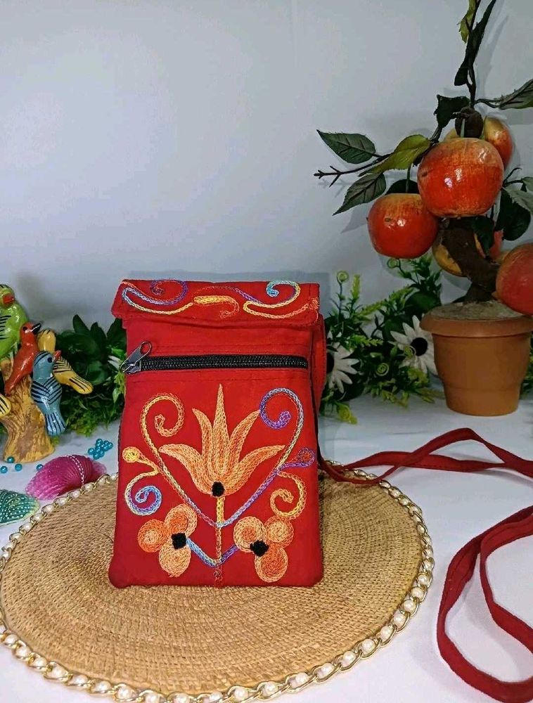 Red Embroidered Small Sling Bag