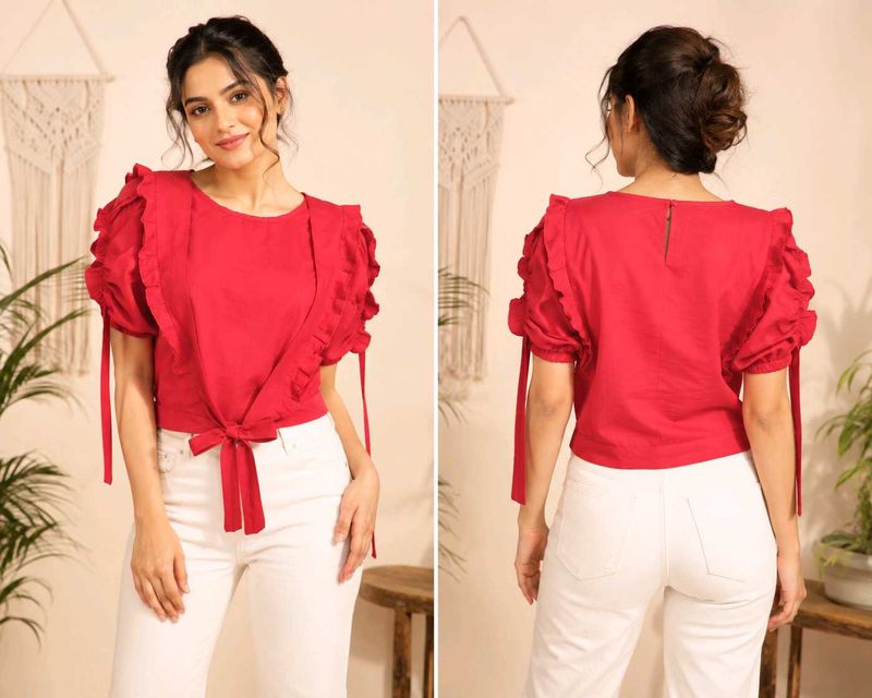 Chic Red Tie-Front Ruffle Top