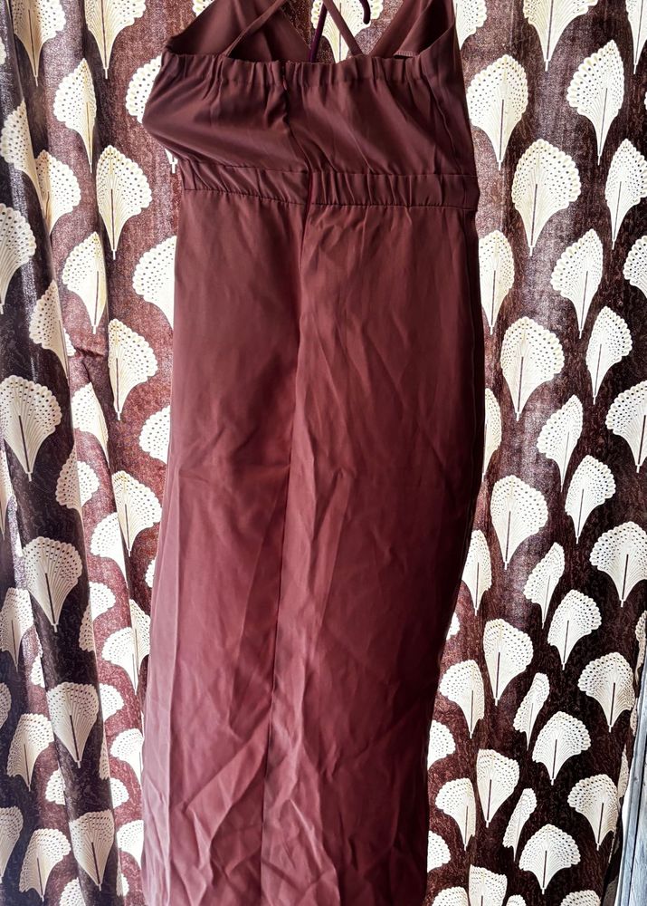 cross shoulder long pink dress