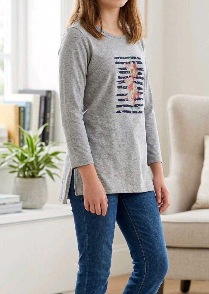 Gray Floral Print  Long Sleeve Top for mild winter