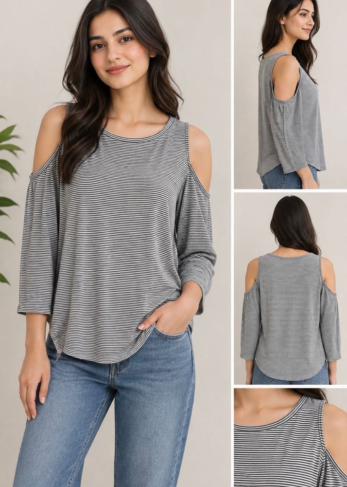Striped Cold Shoulder Long Sleeve Top