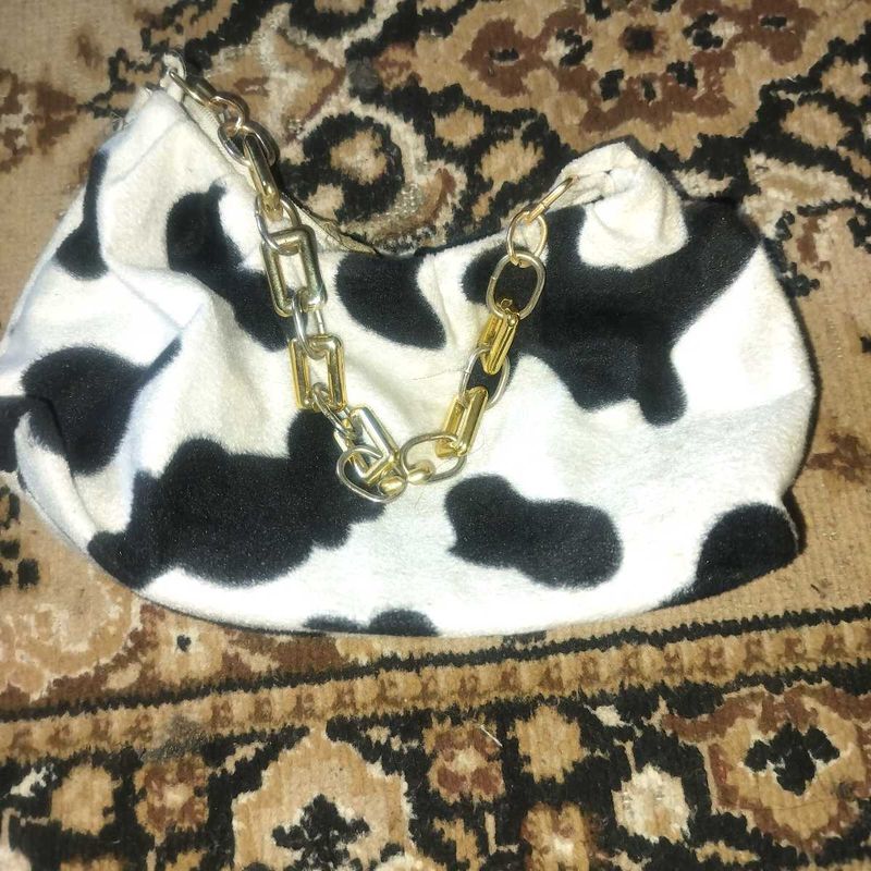 Cow Print Shoulder Bag with Gold Chain