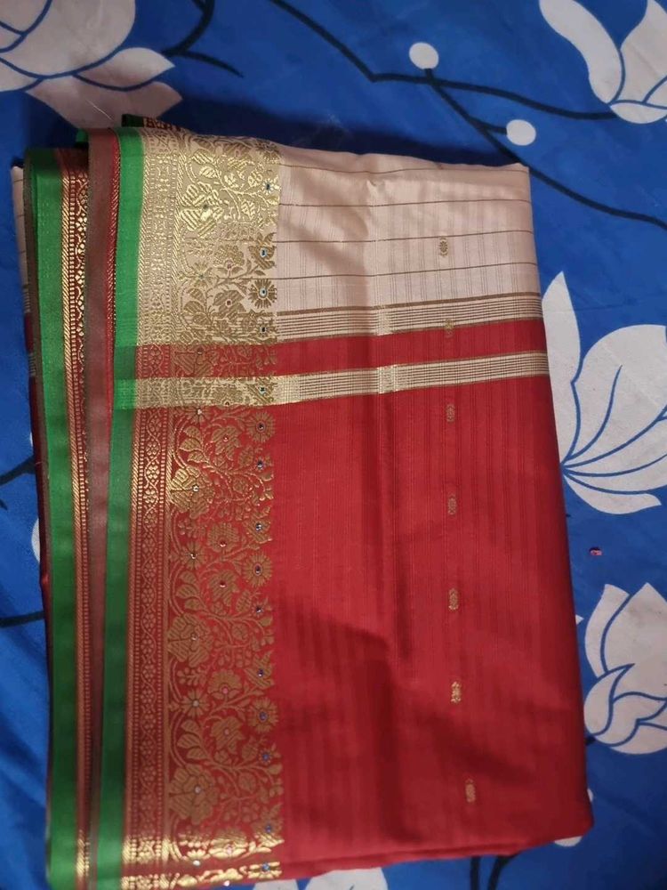 New Elegant Red &amp; Beige Saree