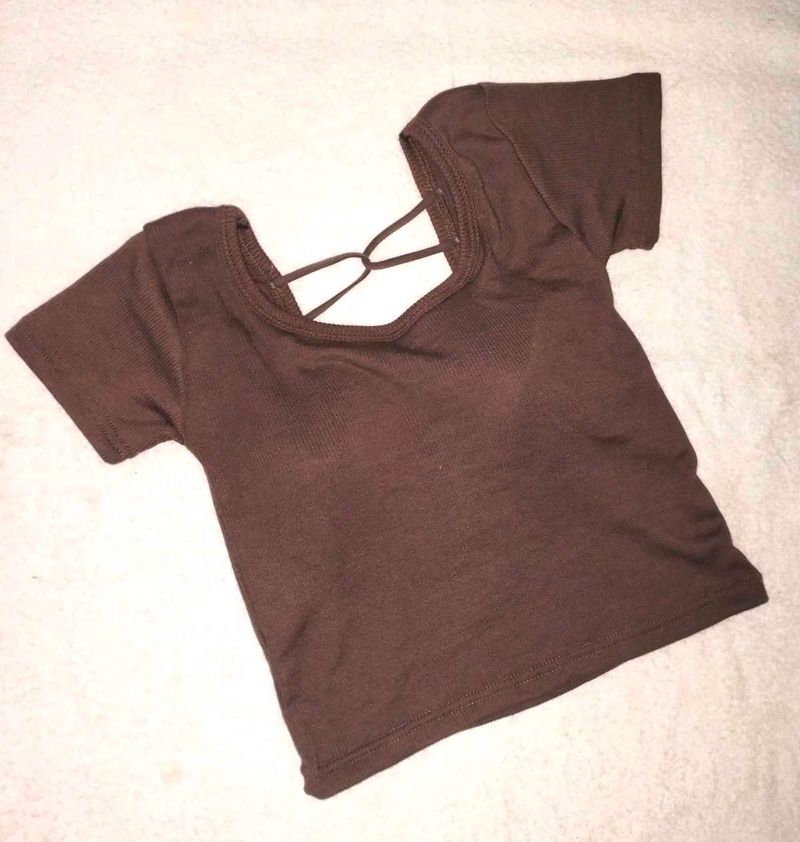 Brown Ribbed Back less Crop Top🤎