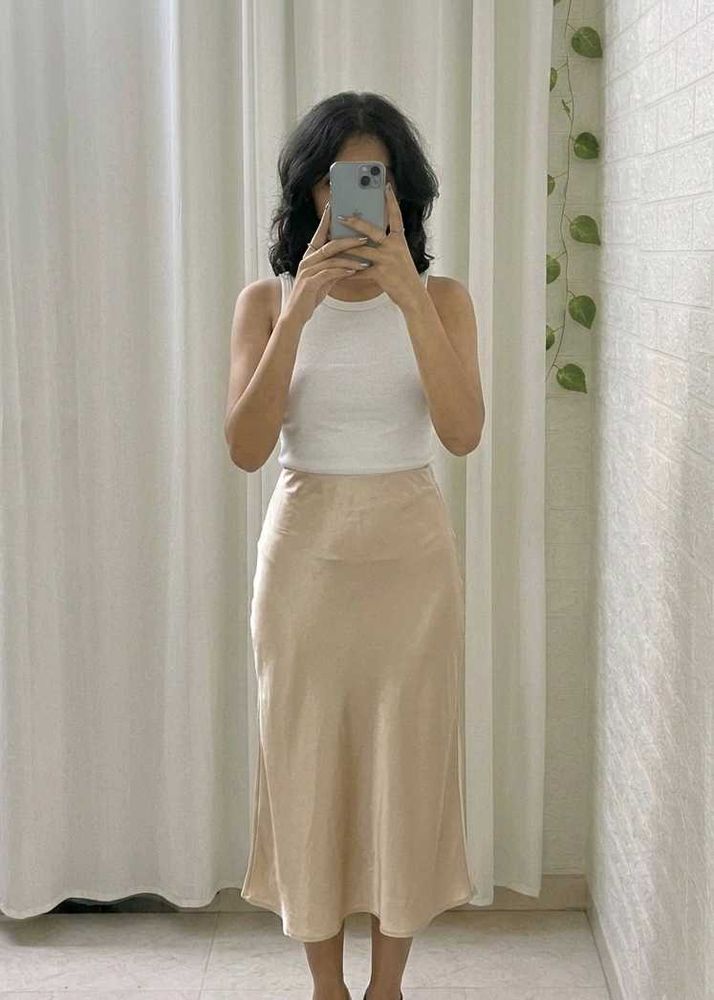 Beige Satin Midi Skirt