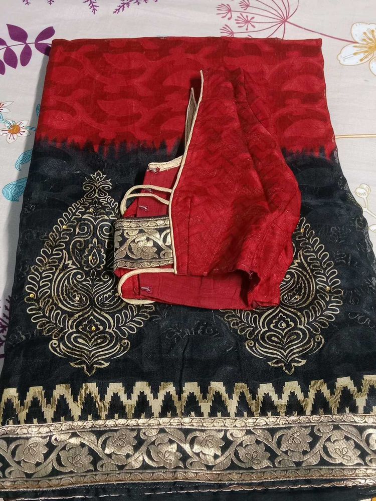 Elegant Red &amp; Black Embroidered Saree
