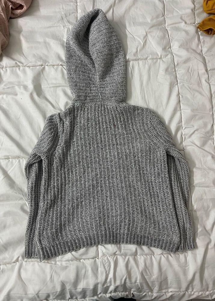 Gray Knit Hooded Cardigan