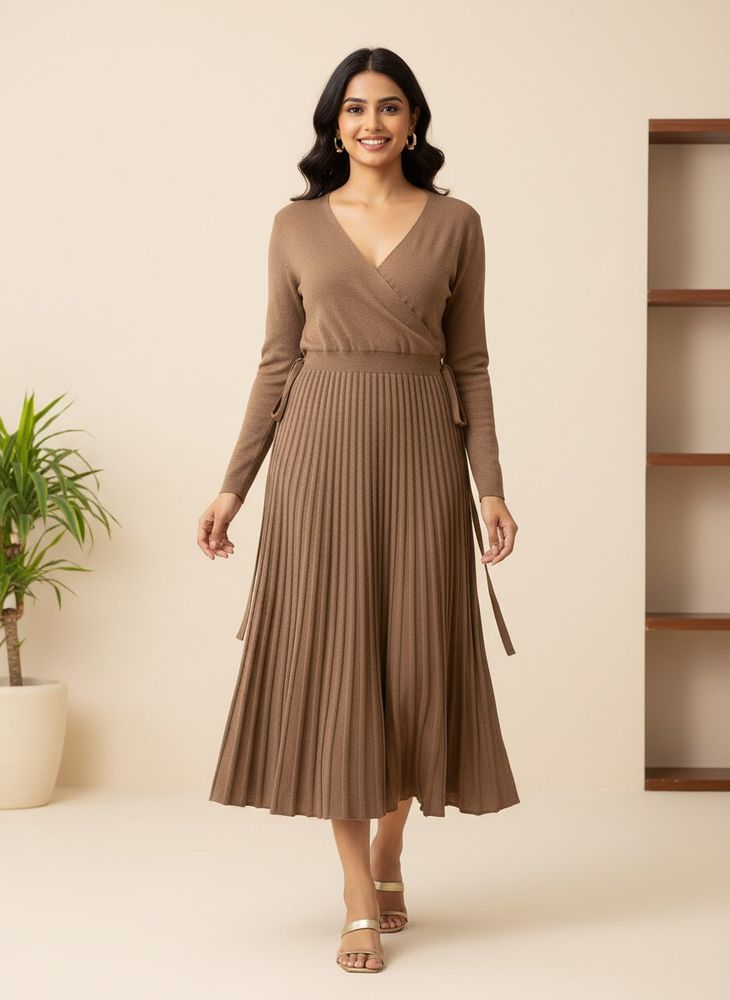 Taupe Belted Knit Elegant Accordian Midi Dress
