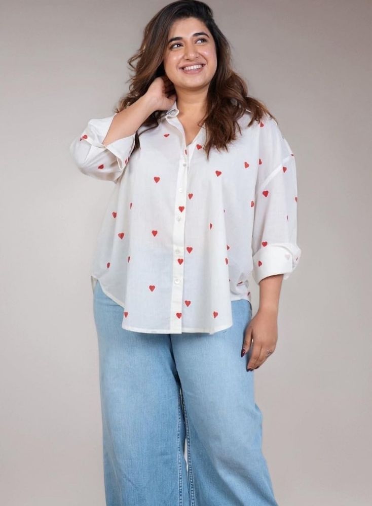 Chic White Heart Print Button-Up Shirt