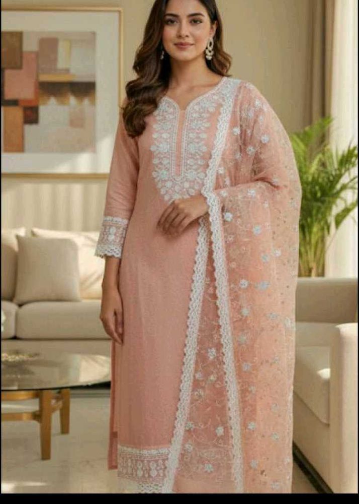 Peach Embroidered unstitched suit Set with Dupatta