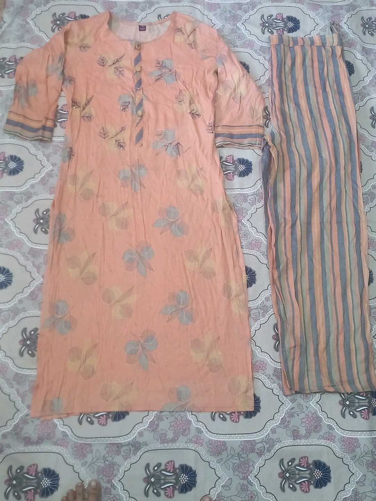 Peach Floral Kurta &amp; Striped Pant Set