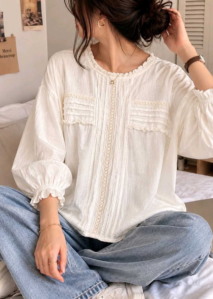 Chic White Lace Trim Puff Sleeve Top
