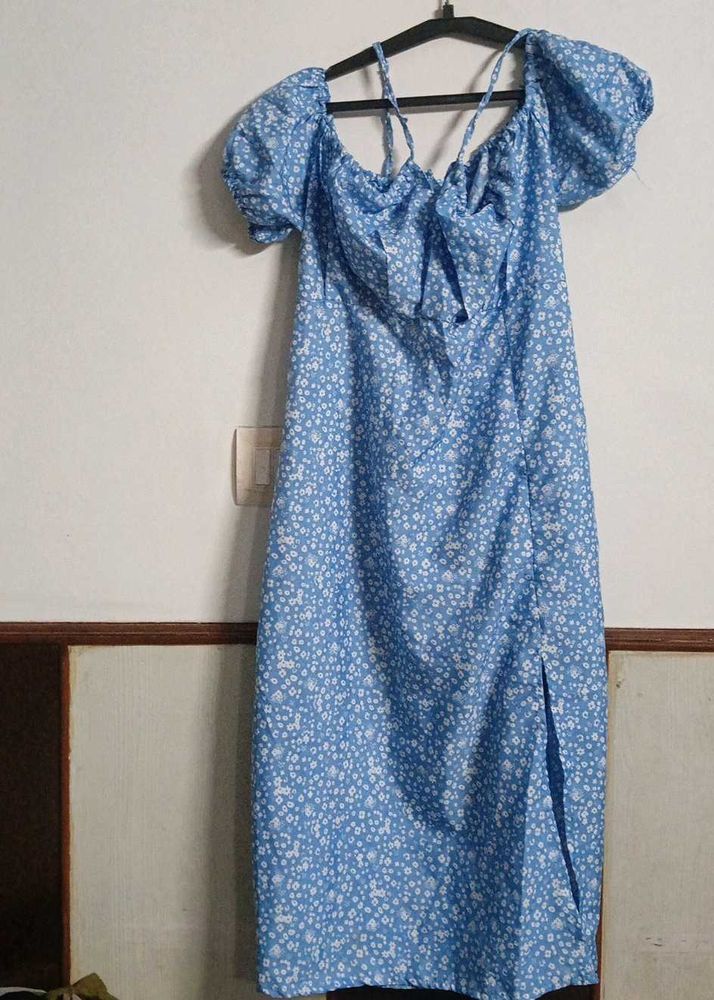 Blue Floral Off-Shoulder Midi Dress