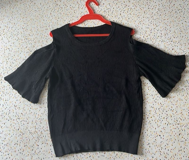 Cold Shoulder Black Textured Top
