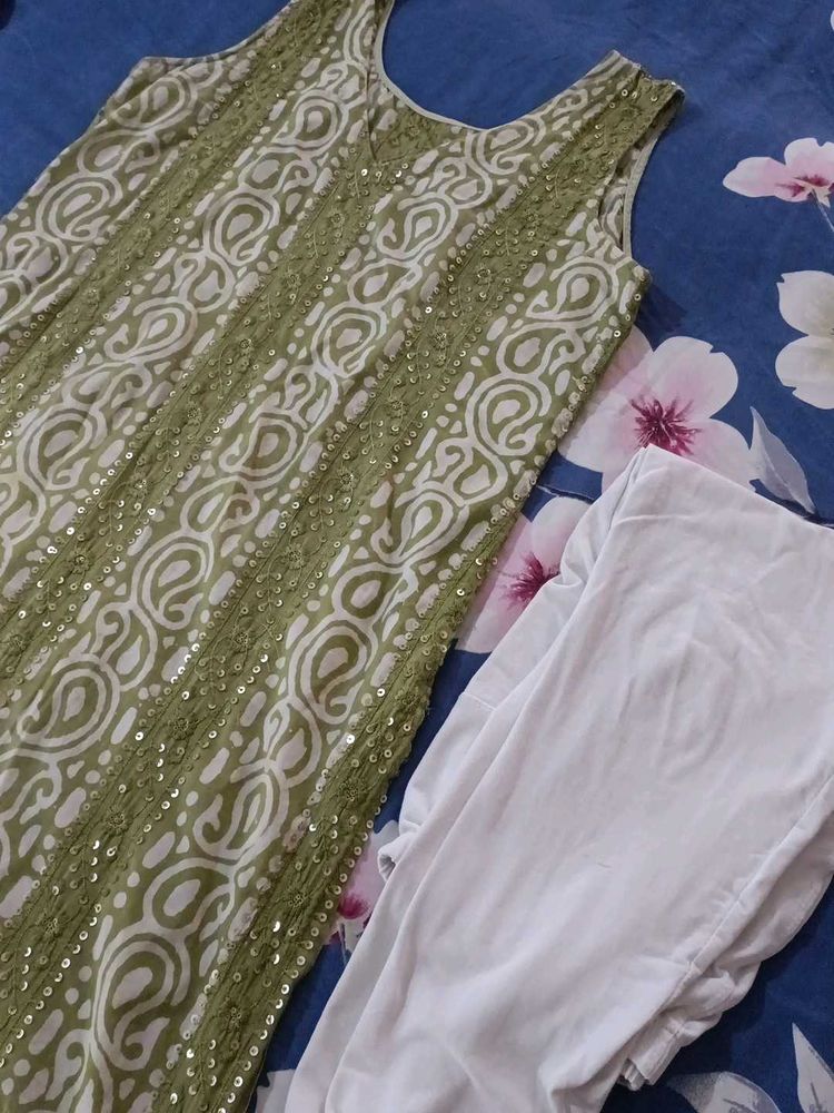 Green embroidered  Kurta with White Pants