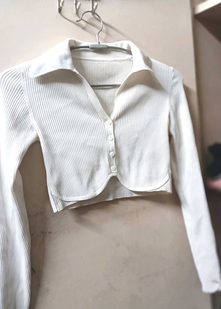 White Ribbed Collared Crop Top