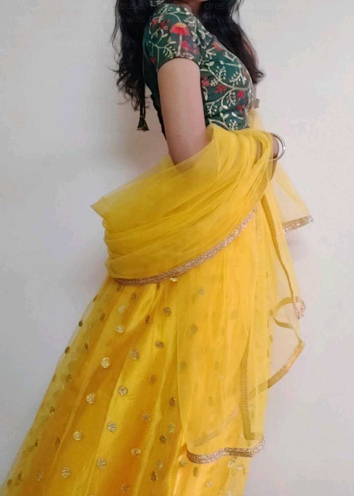 "Festive Yellow Lehenga Set | Floral Crop Top