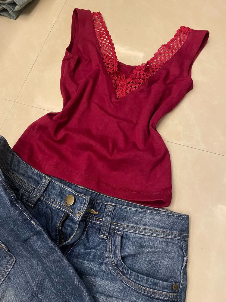 Stylish Burgundy Lace Trim Top