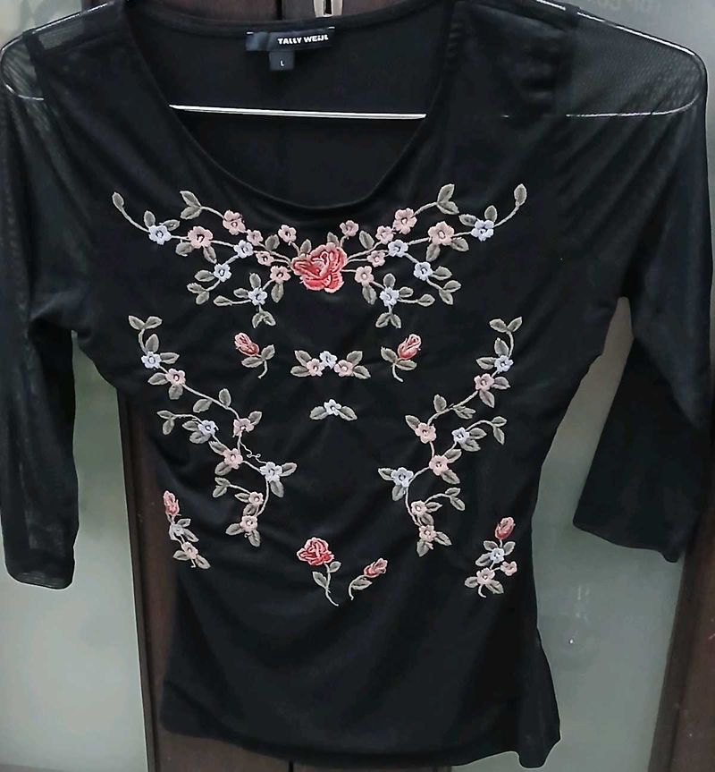 Chic Black Embroidered Mesh Top -