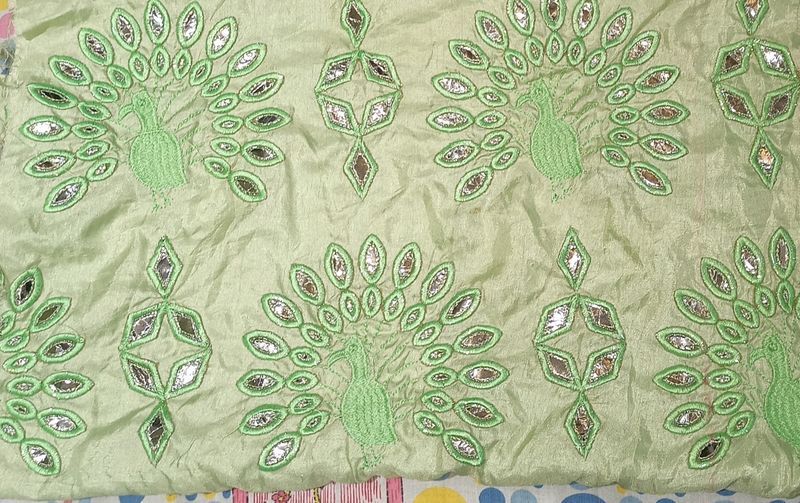 light green gotta patti work kurti fabric💚 2 meter cloth (1 meter plain and 1 meter gotta patti work) , sleeves fully worked gottapati with peacock pattern.