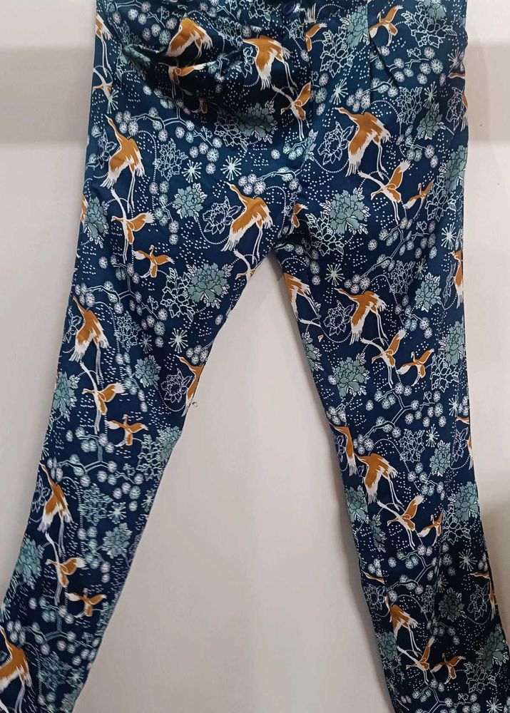 Blue Floral Crane Print Pants