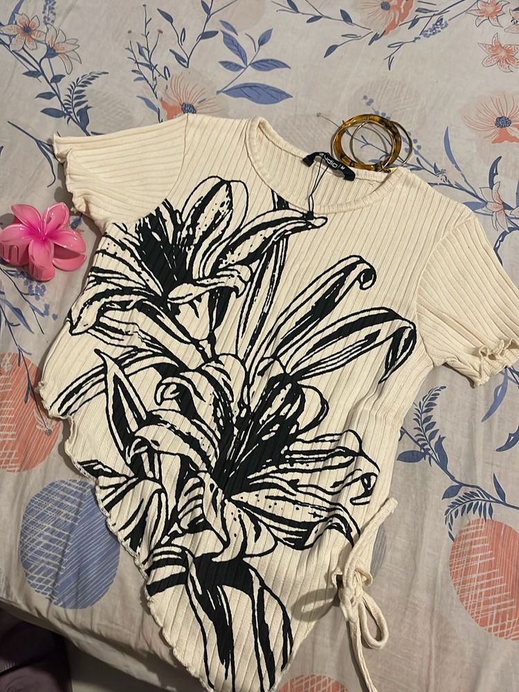 Cream Ribbed Top with Black Floral Print