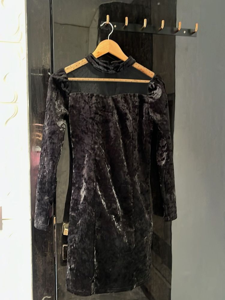 Black Velvet Mesh Detail Dress