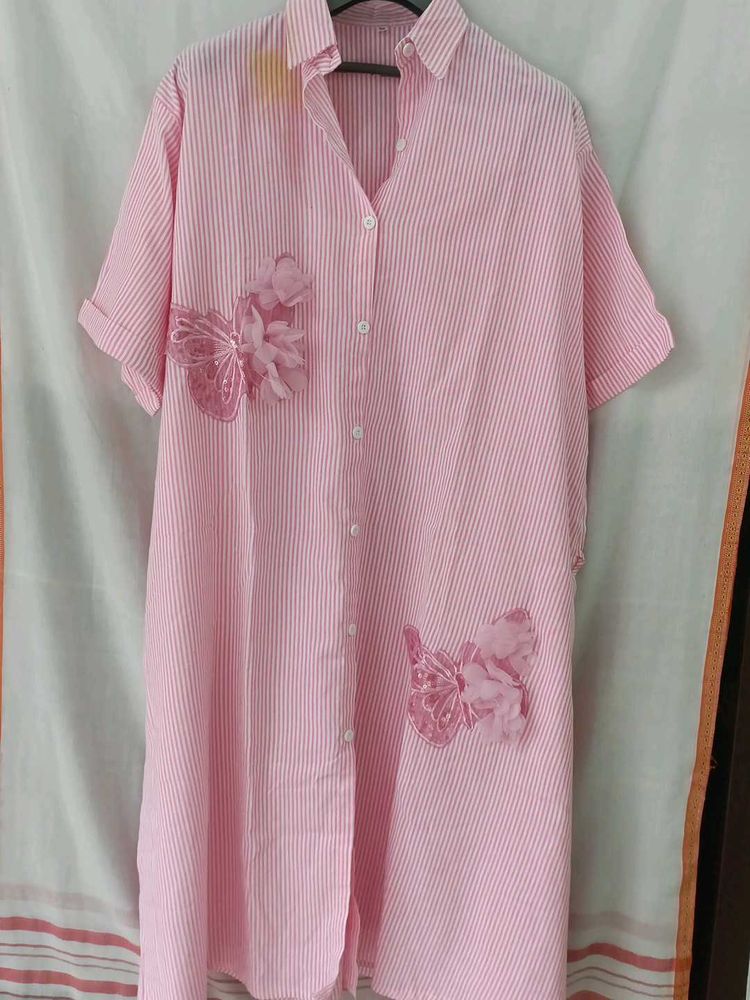 Pink Striped Shirt Dress with Butterfly Applique
