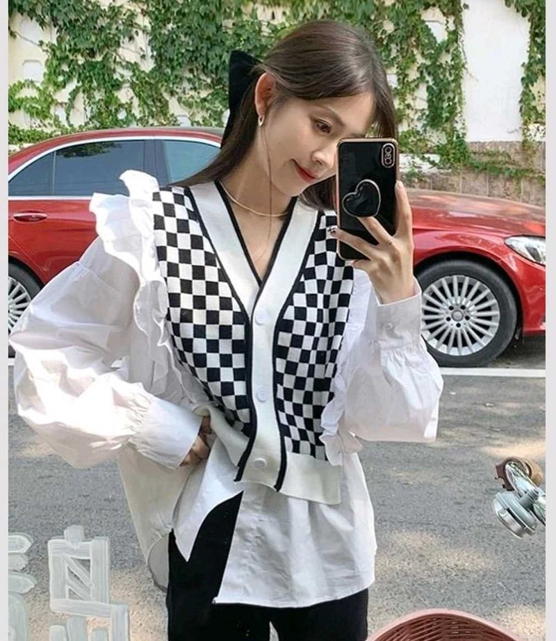 Checkered V-Neck Vest with White Shirt