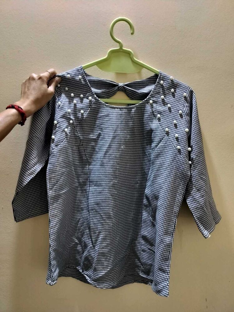 Chic Black &amp; White Gingham Top with Pearls