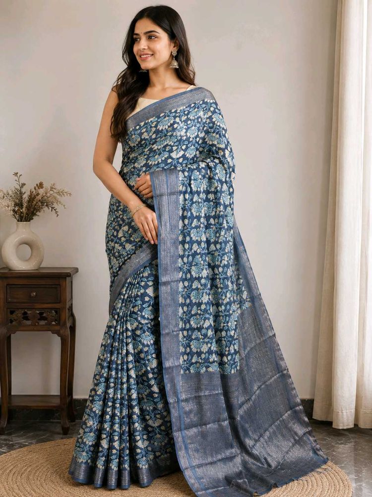Elegant Blue Floral Print Saree
