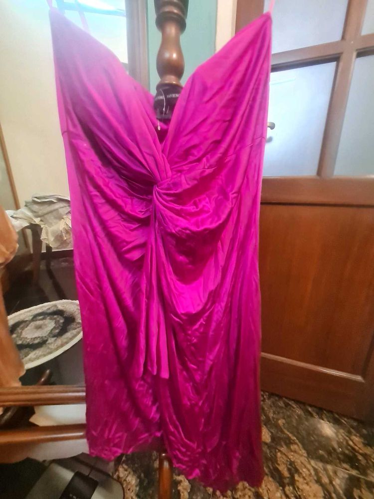 Strapless, draped Satin Magenta Dress