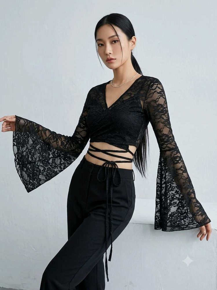 Black Lace Bell Sleeve Crop Top
