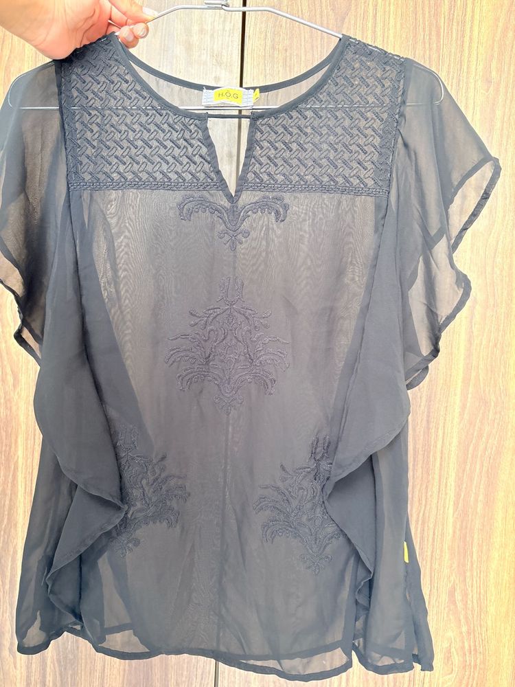 Embroidered Sheer Black Kurta Top