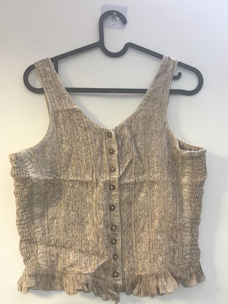 Boho Smocked Patterned Button-Up Crop Top
